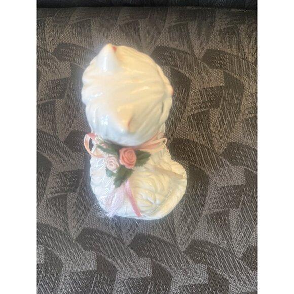 VTG Ceramic White Cat Figurine With Pink Floral Bow & Green Eyes - Picture 4 of 6